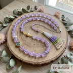 Original design lavender amethyst barrel bead necklace with tassel pendant on wood slice with roses, Crystalvana