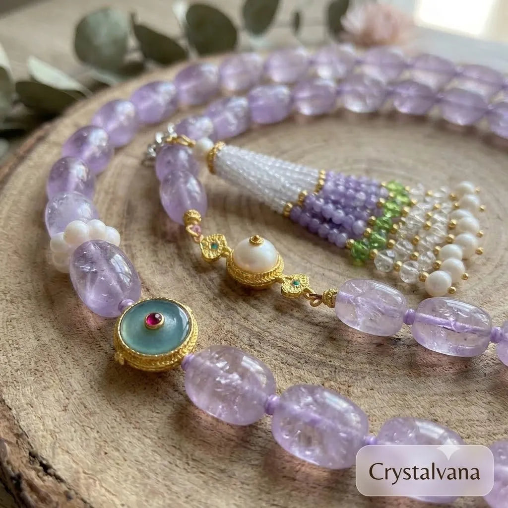 Evil eye charm close-up on lavender amethyst tassel necklace protective detail, Crystalvana