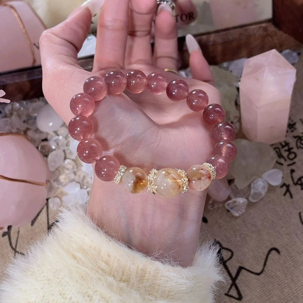Love and Be Loved Strawberry Quartz and Citrine bracelet for romance and joy, Crystalvana