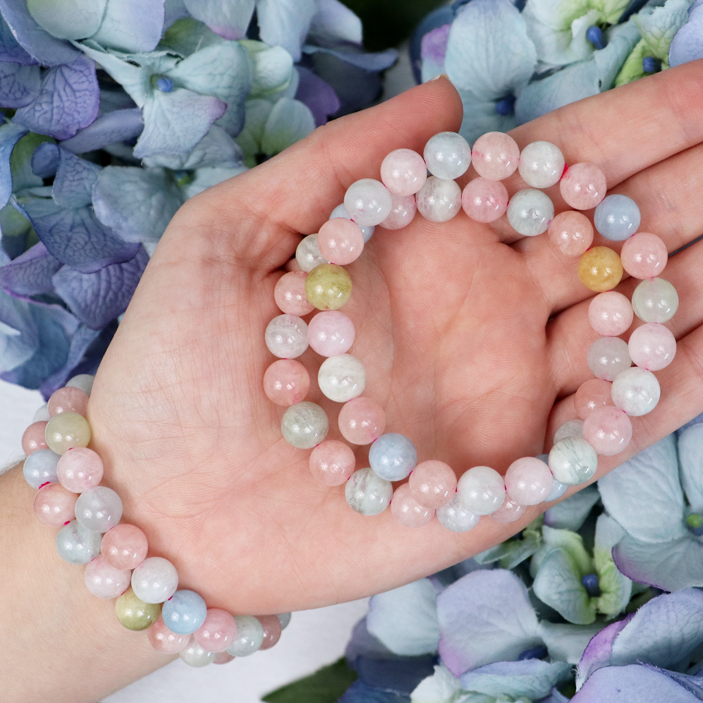 Morganite beaded bracelet in Crystalvana gift packaging
