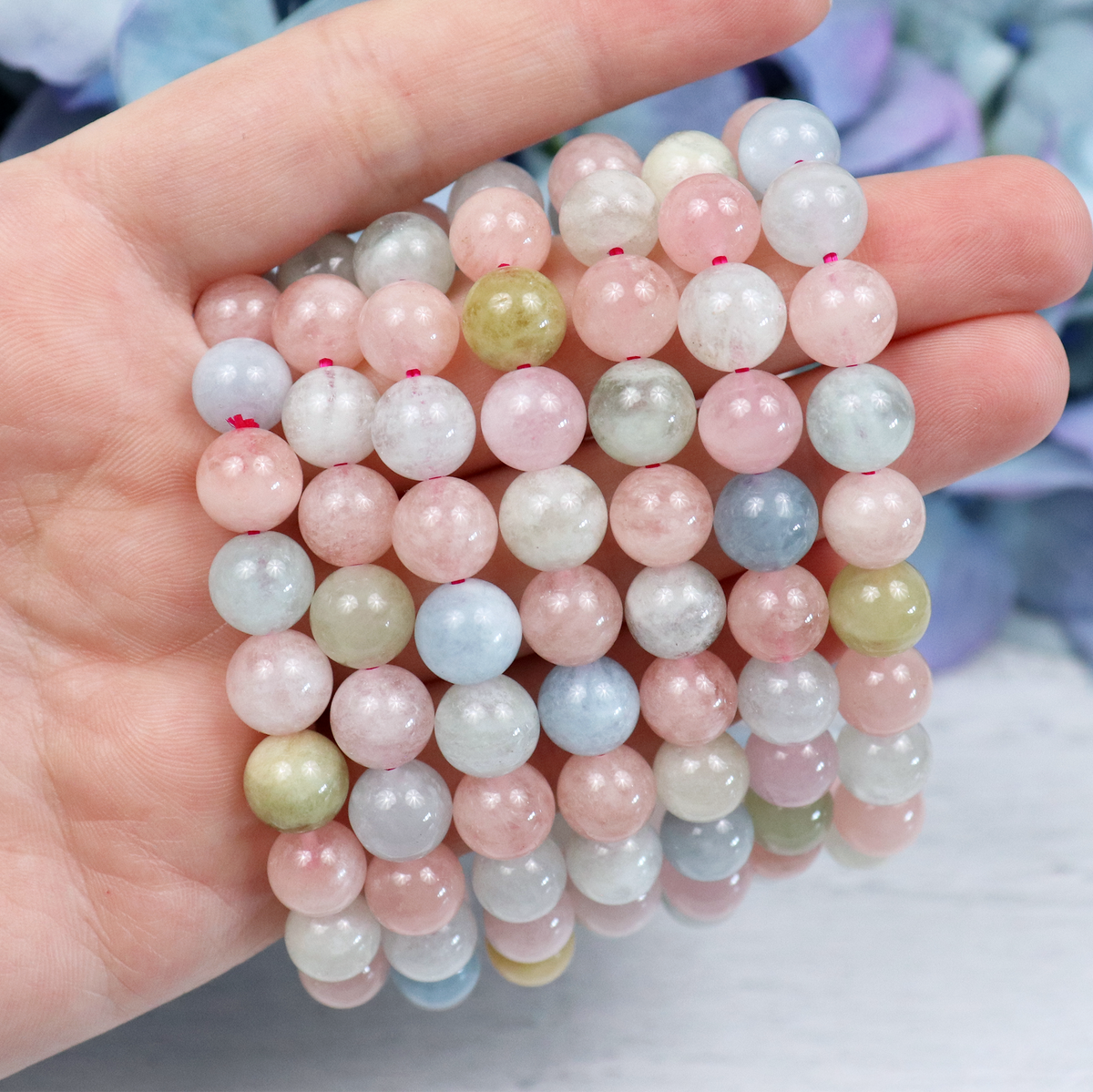 Side view of the Morganite stretch bracelet