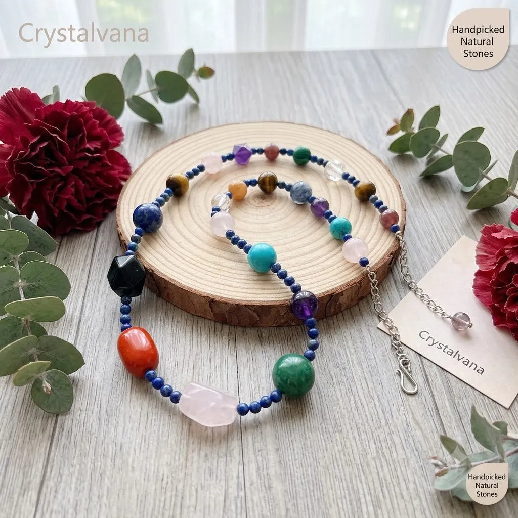 Close-up of multi-gemstone choker beads showing natural crystal inclusions and textures, Crystalvana