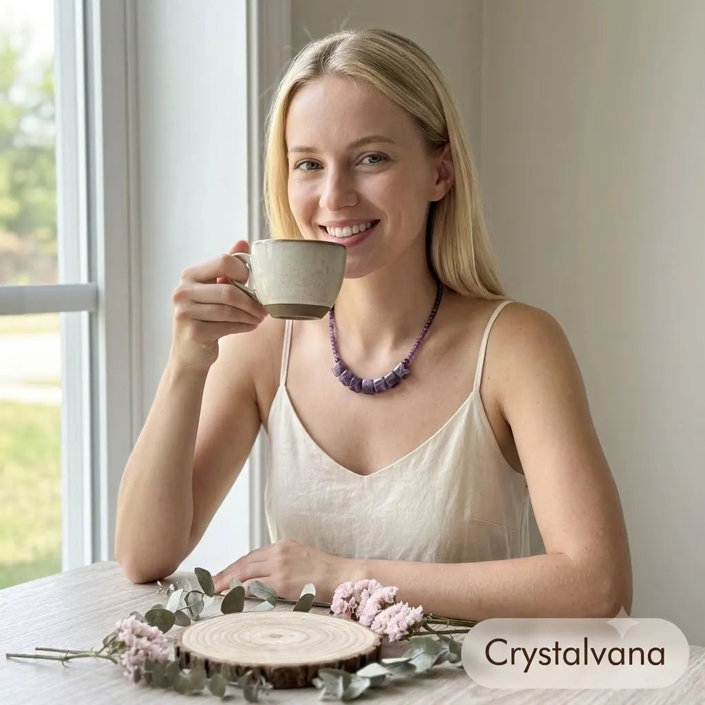 Smiling blonde model wearing amethyst choker necklace with top knot hairstyle, Crystalvana