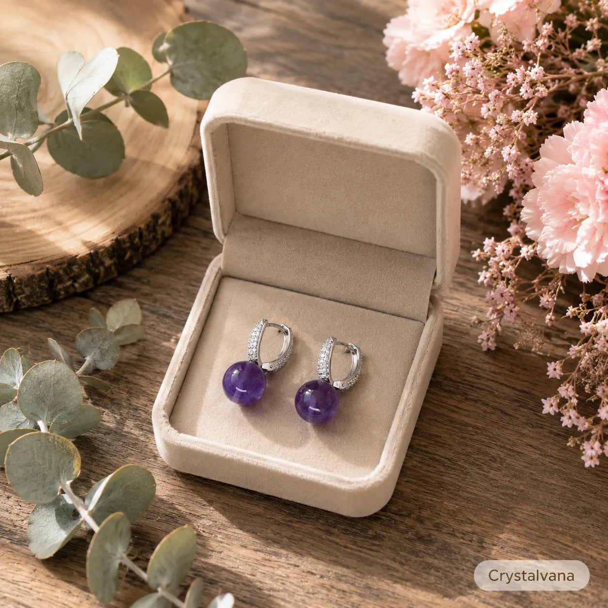 Natural amethyst earrings in beige gift box display ready for gifting, Crystalvana