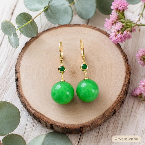 Natural A-grade jadeite yang green earrings model wearing blonde smile hand on hair ear, Crystalvana