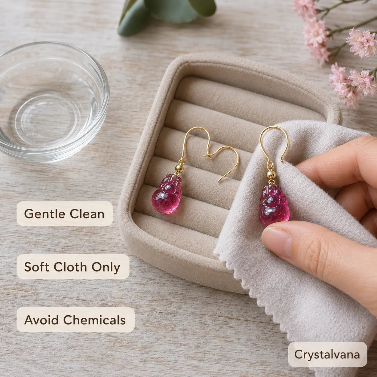 Model wearing natural red tourmaline rubellite earrings blonde smile pink top window light, Crystalvana
