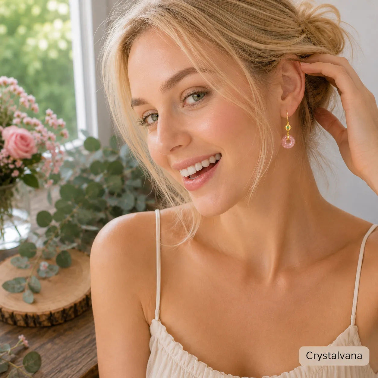 Model wearing natural strawberry quartz peace buckle earrings blonde hair hand on neck vintage style, Crystalvana