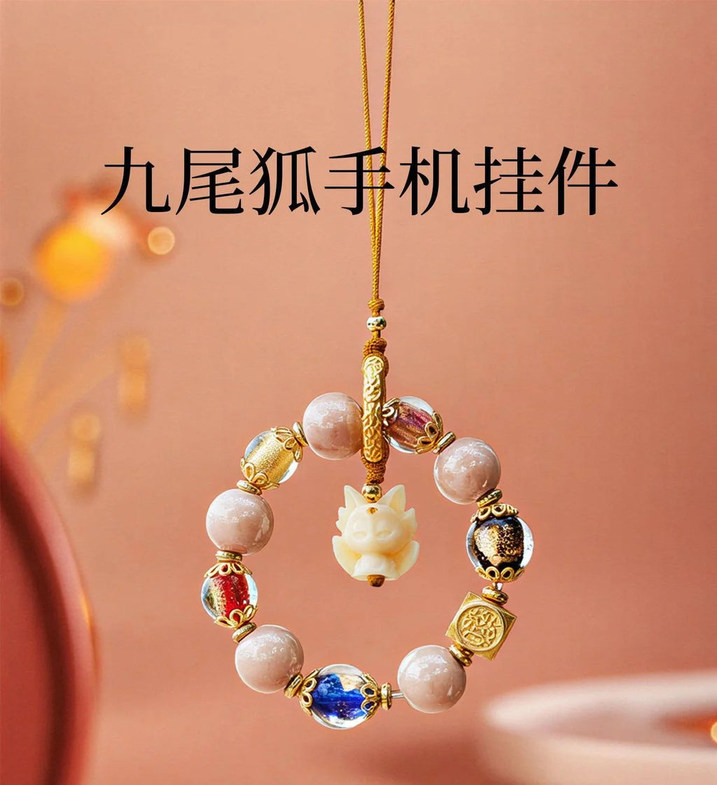 Mystical Fox crystal phone charm with pink porcelain for feminine energy and protection, Crystalvana