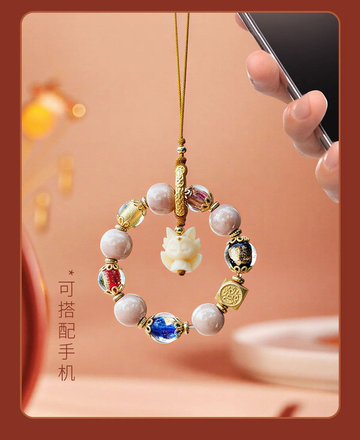 Mystical Fox crystal phone charm with pink porcelain for feminine energy and protection, Crystalvana