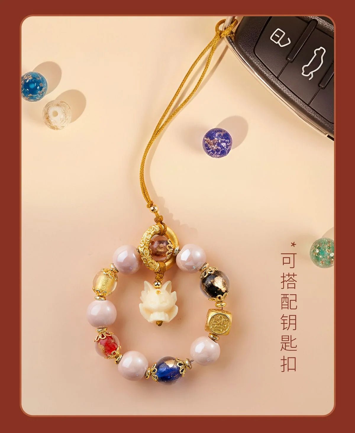 Mystical Fox crystal phone charm with pink porcelain for feminine energy and protection, Crystalvana
