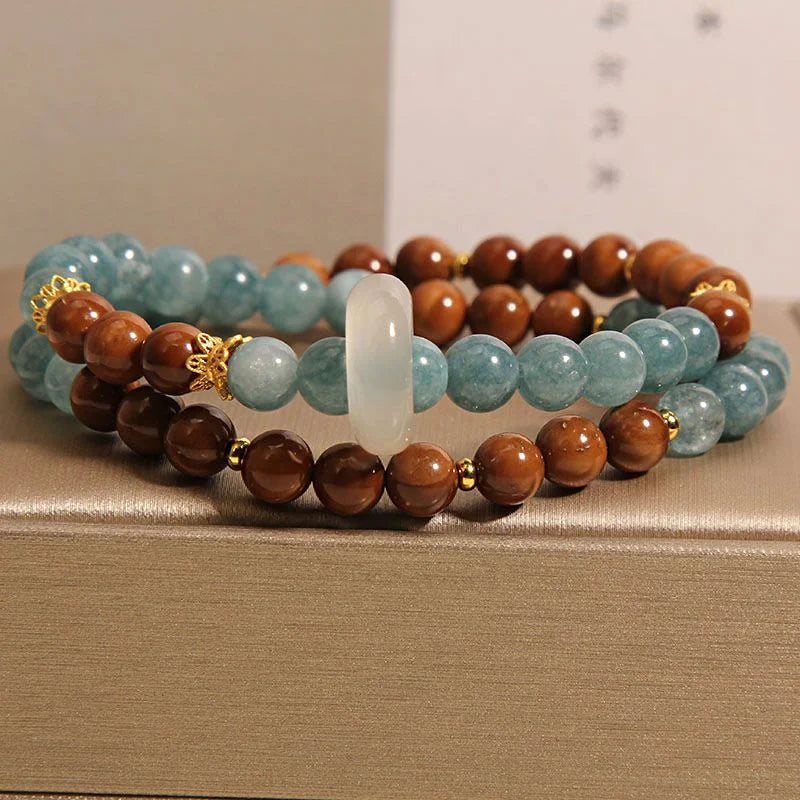 Handcrafted double blue chalcedony bracelet with jade crystal jewelry by Crystalvana
