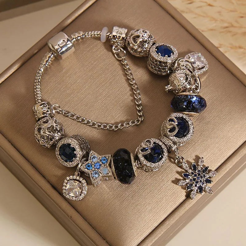 Handcrafted Blue Starry Sky Bracelet with Snowflake Charm | Crystal Jewelry - Image 4