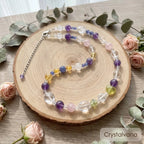 Pastel multi-gemstone crystal choker with amethyst citrine and rose quartz worn by model front view, Crystalvana