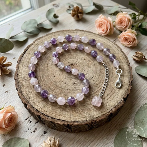 Purple amethyst crystal choker with clear and rose quartz beads on wood slice with roses, Crystalvana