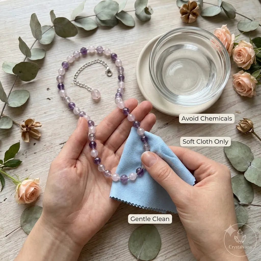 Purple amethyst crystal choker necklace displayed in gift box, ready for gifting, Crystalvana
