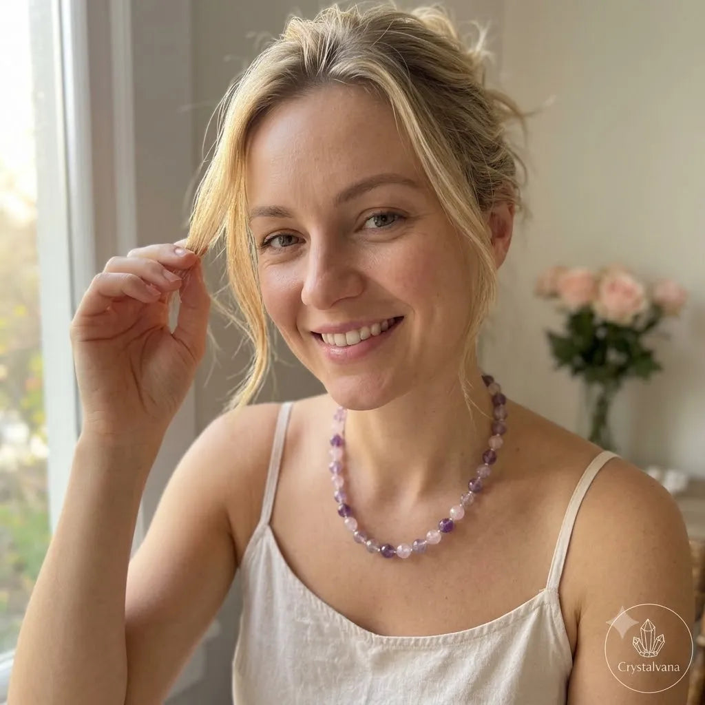 Woman wearing purple amethyst choker necklace at table with roses, lifestyle fashion jewelry, Crystalvana