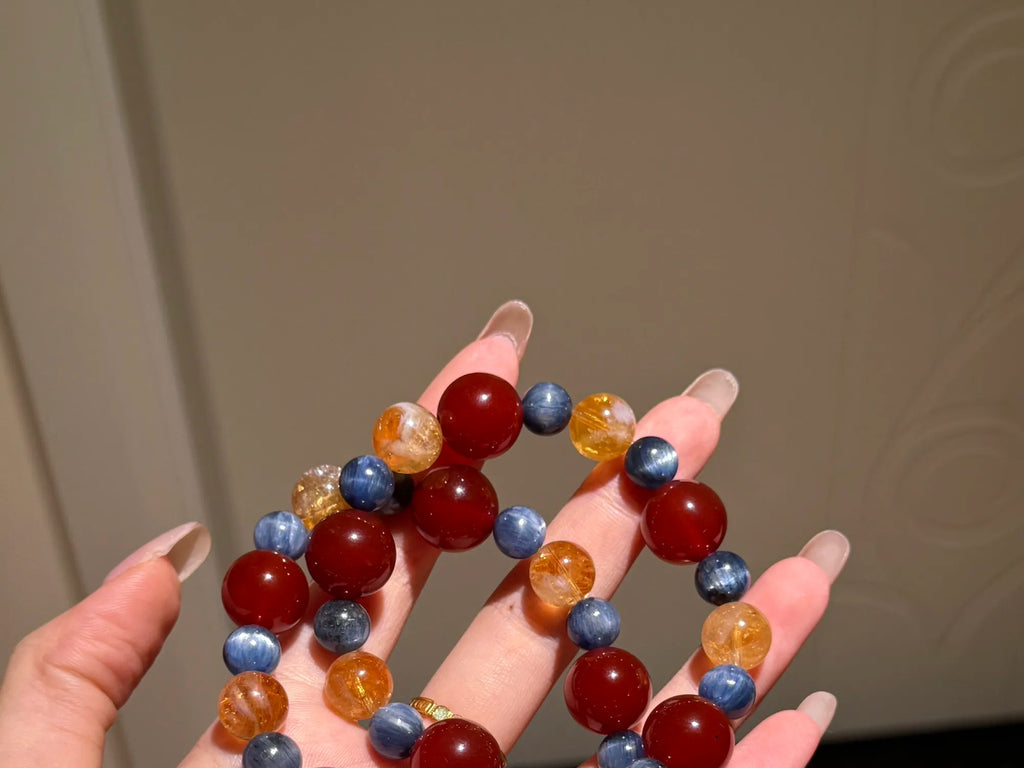 Natural Red Agate, Blue Kyanite & Yellow Tower Crystal Bracelet 8-14mm | Health & Wealth | Crystalvana