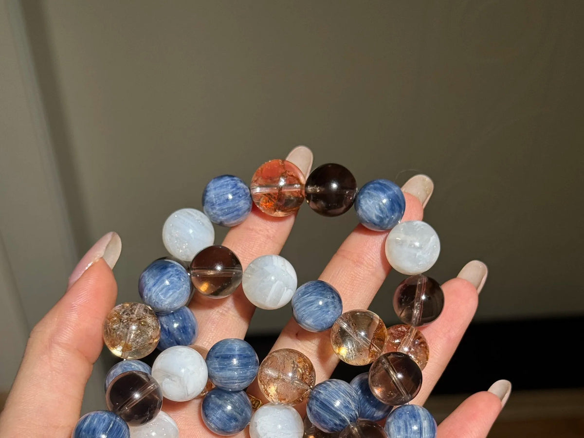 水晶手链｜猫眼蓝晶+茶晶+雪花幽灵+金箔胶花 13mm 手围16.5 健康 情人节送人