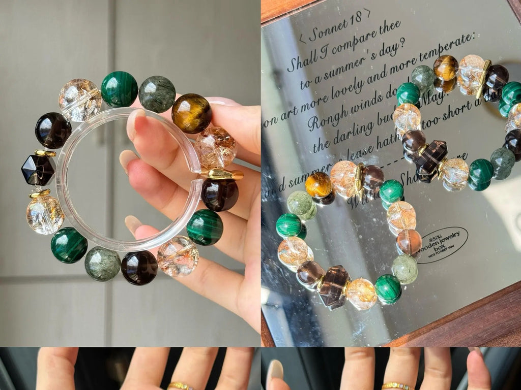 Natural Malachite Gold Foil Smoky Quartz Green Rutilated Quartz Yellow Tiger Eye Bracelet 13-15mm | Crystalvana