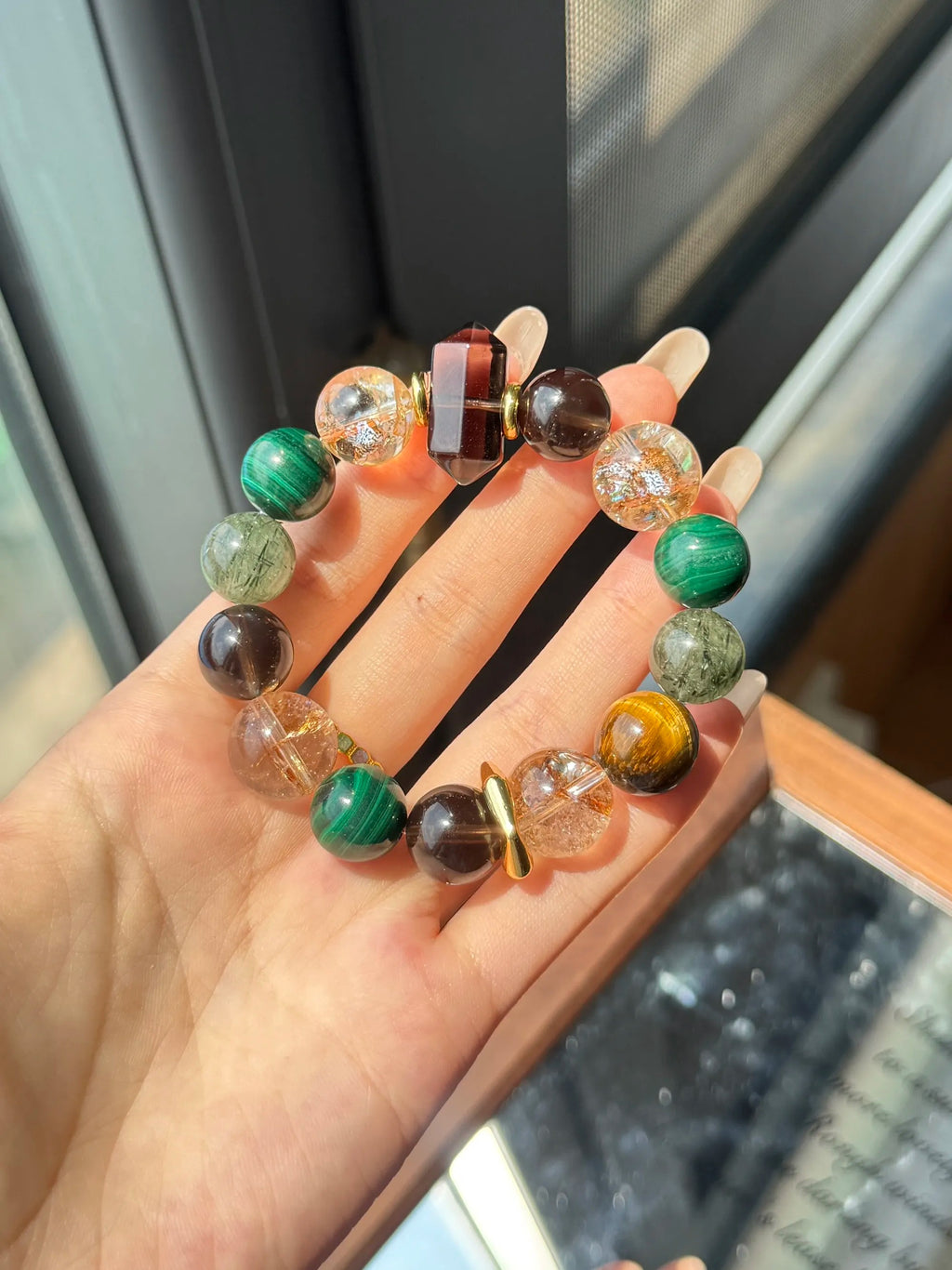 Natural Malachite Gold Foil Smoky Quartz Green Rutilated Quartz Yellow Tiger Eye Bracelet 13-15mm | Crystalvana