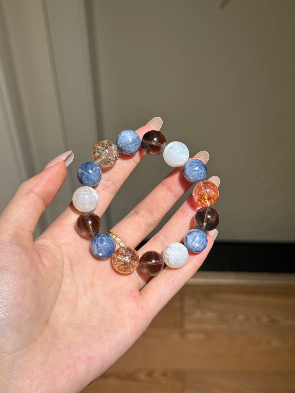 水晶手链｜猫眼蓝晶+茶晶+雪花幽灵+金箔胶花 13mm 手围16.5 健康 情人节送人