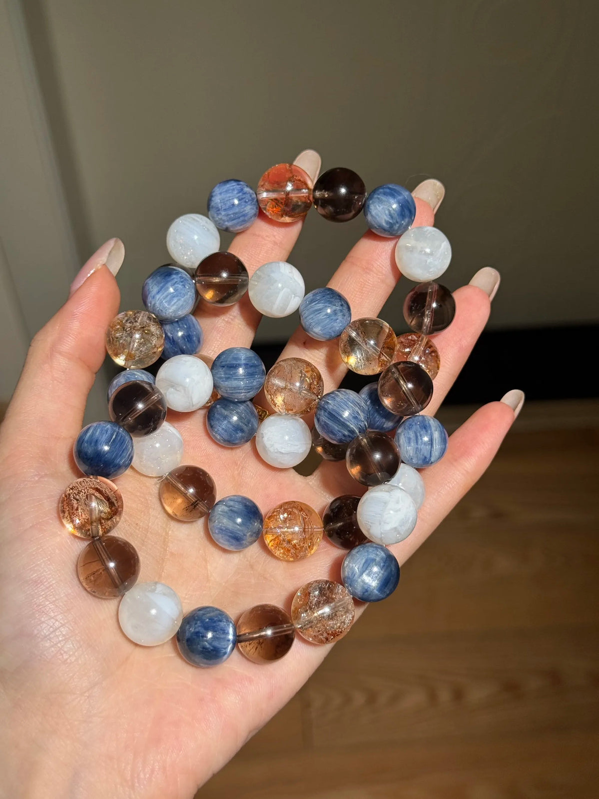 水晶手链｜猫眼蓝晶+茶晶+雪花幽灵+金箔胶花 13mm 手围16.5 健康 情人节送人