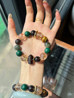 Natural Malachite Gold Foil Smoky Quartz Green Rutilated Quartz Yellow Tiger Eye Bracelet 13-15mm | Crystalvana