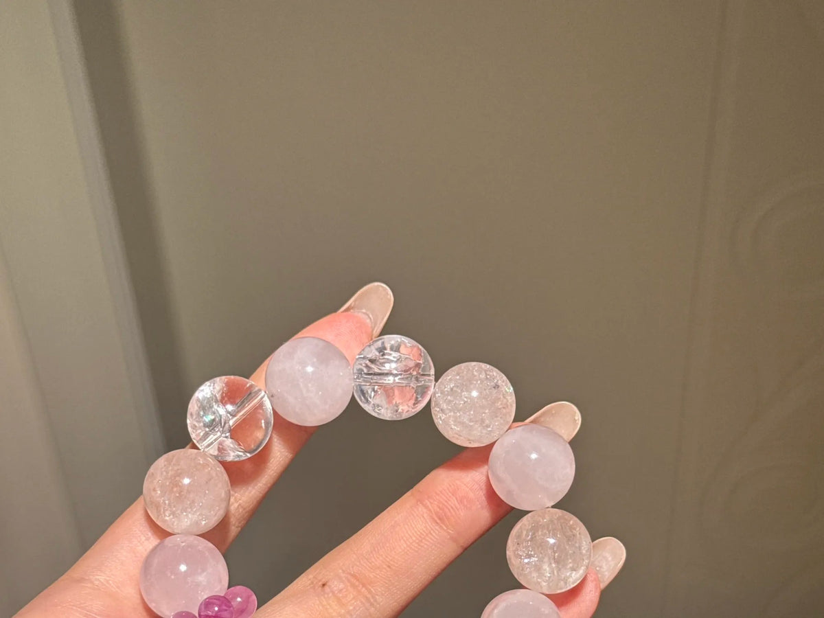 Natural Rose Quartz, Pink Agate & White Agate Bracelet 14mm | Love & Purity | Crystalvana