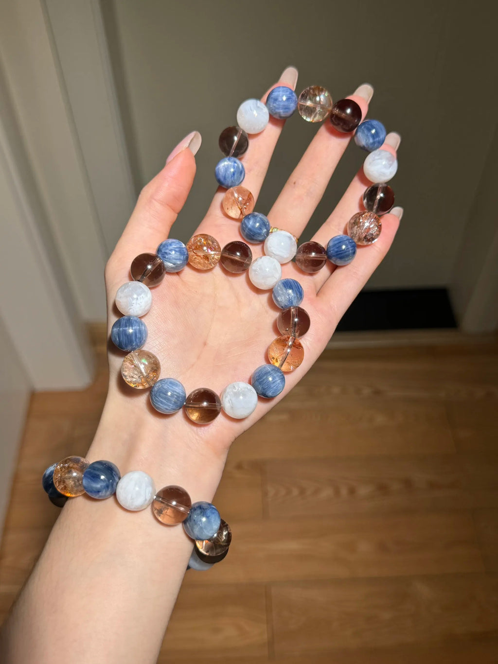 水晶手链｜猫眼蓝晶+茶晶+雪花幽灵+金箔胶花 13mm 手围16.5 健康 情人节送人