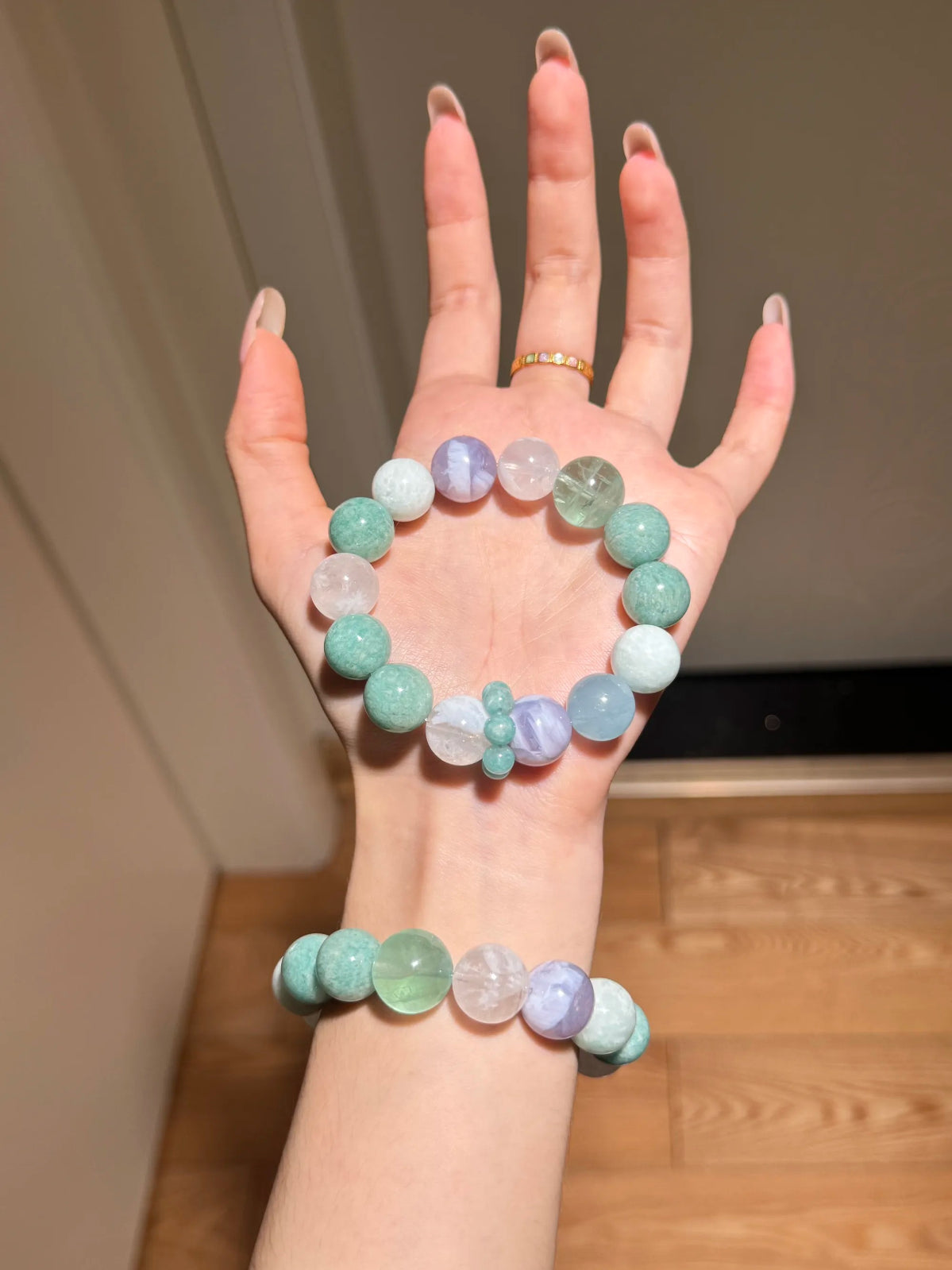 Ban Shan Qing | Amazonite White Phantom Amethyst Verdite Fluorite 13mm Bracelet | Crystalvana