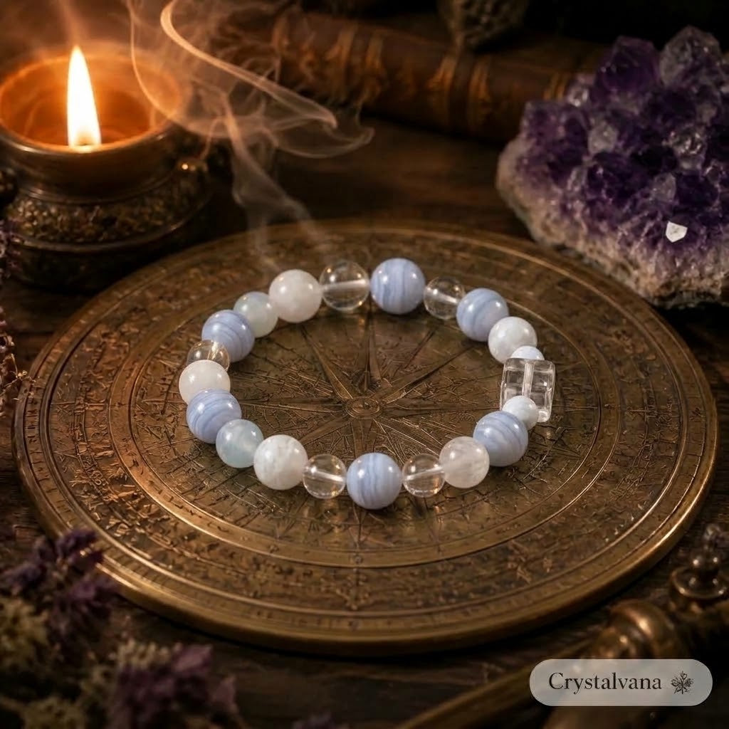 Natural Blue Lace Agate & Snowflake Phantom Crystal Bracelet | Calm & Clarity | Crystalvana