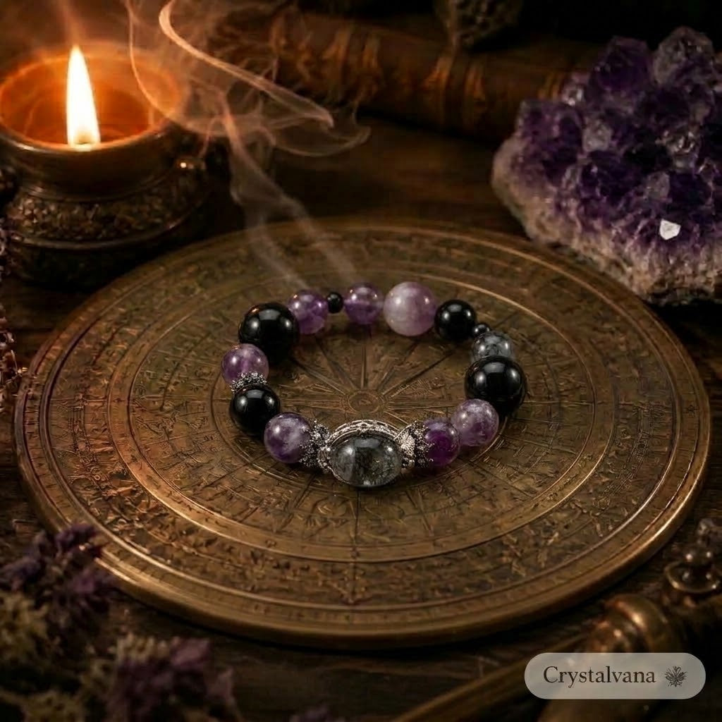 Amethyst Rabbit Hair & Black Obsidian Bracelet | Protection & Intuition | Crystalvana