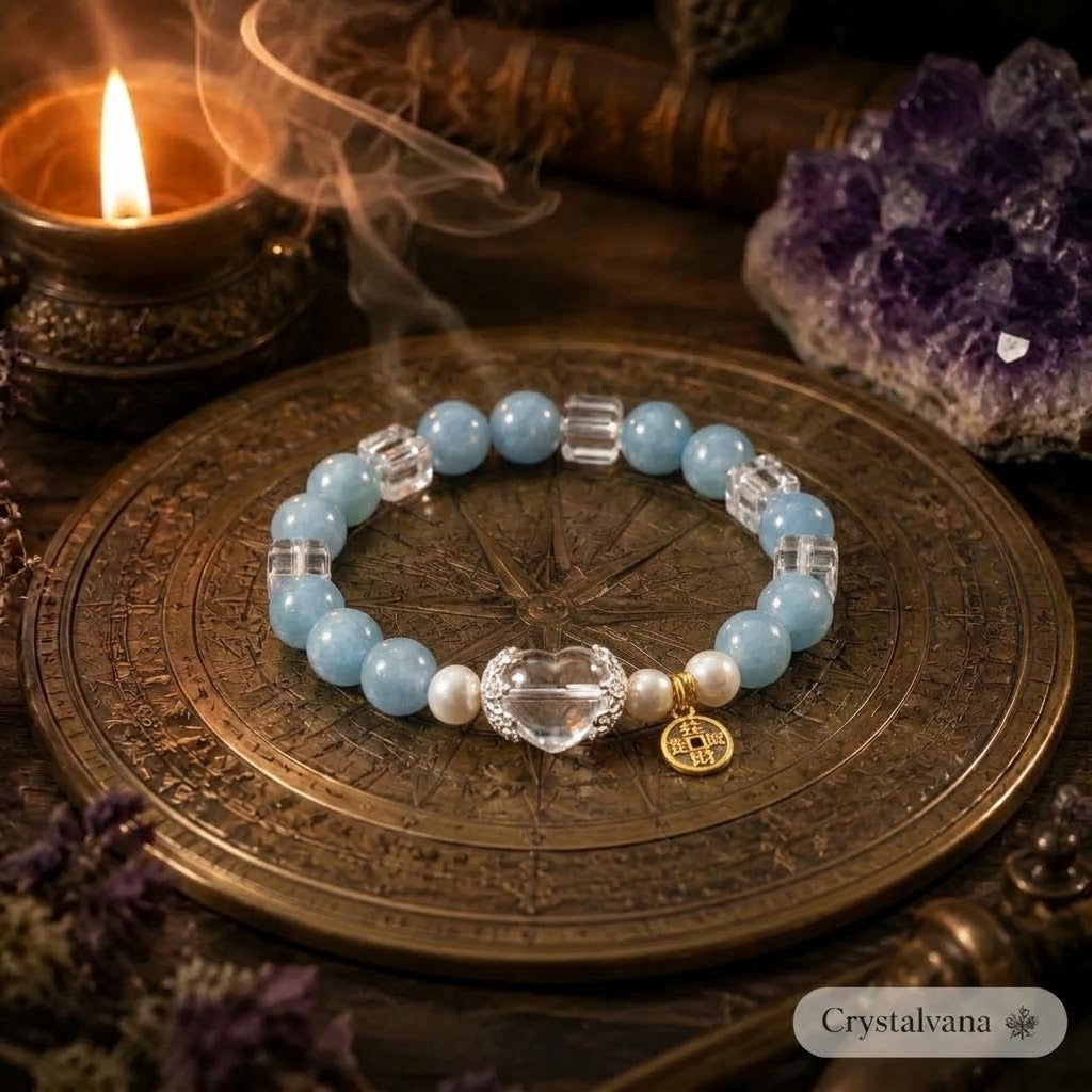 Blue Chalcedony & White Crystal Bracelet | Purification & Calm | Crystalvana