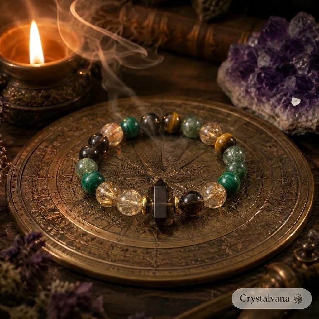 Natural Malachite Gold Foil Smoky Quartz Green Rutilated Quartz Yellow Tiger Eye Bracelet 13-15mm | Crystalvana