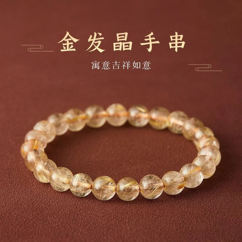 Natural Rutilated Quartz crystal bracelet with golden inclusions for manifestation, Crystalvana