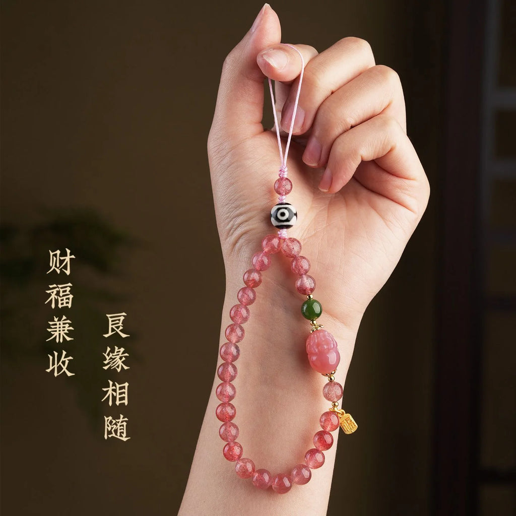Strawberry Quartz crystal phone charm for joy and creativity, Crystalvana