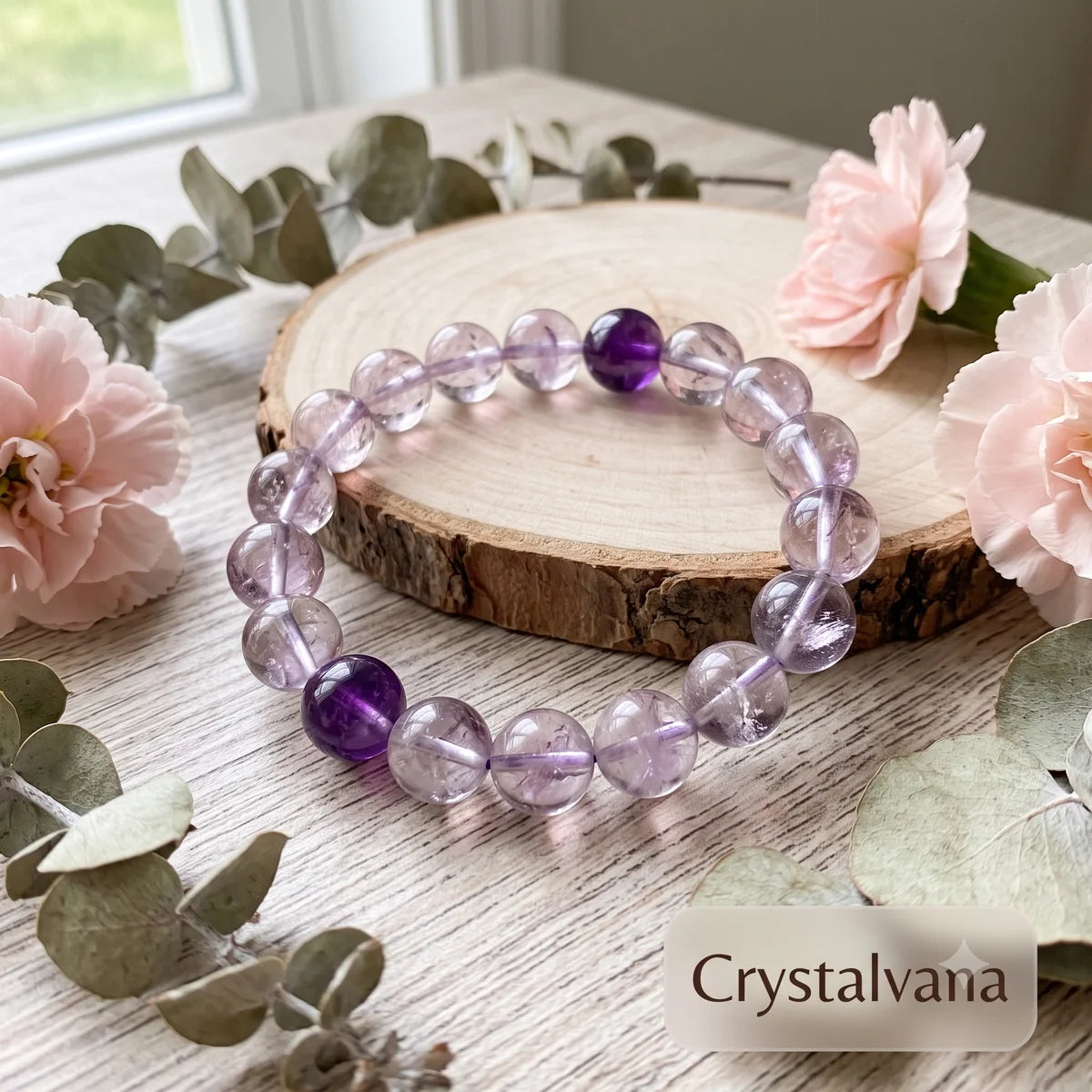 Sweet Amethyst and White Crystal bracelet with Rose Quartz for calming a busy mind Crystalvana