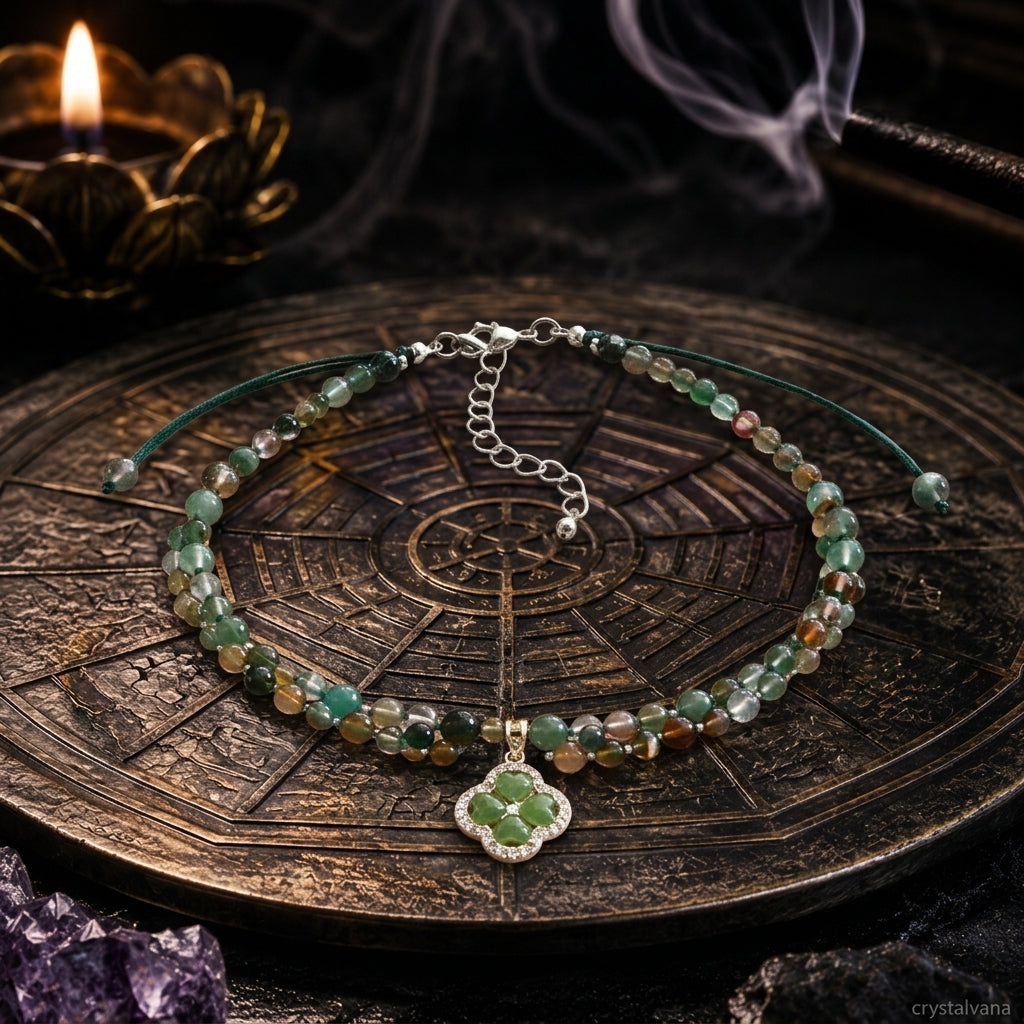 Thyroid Scar Cover Necklace | Natural Green Agate Choker with 4-Leaf Clover | Crystalvana