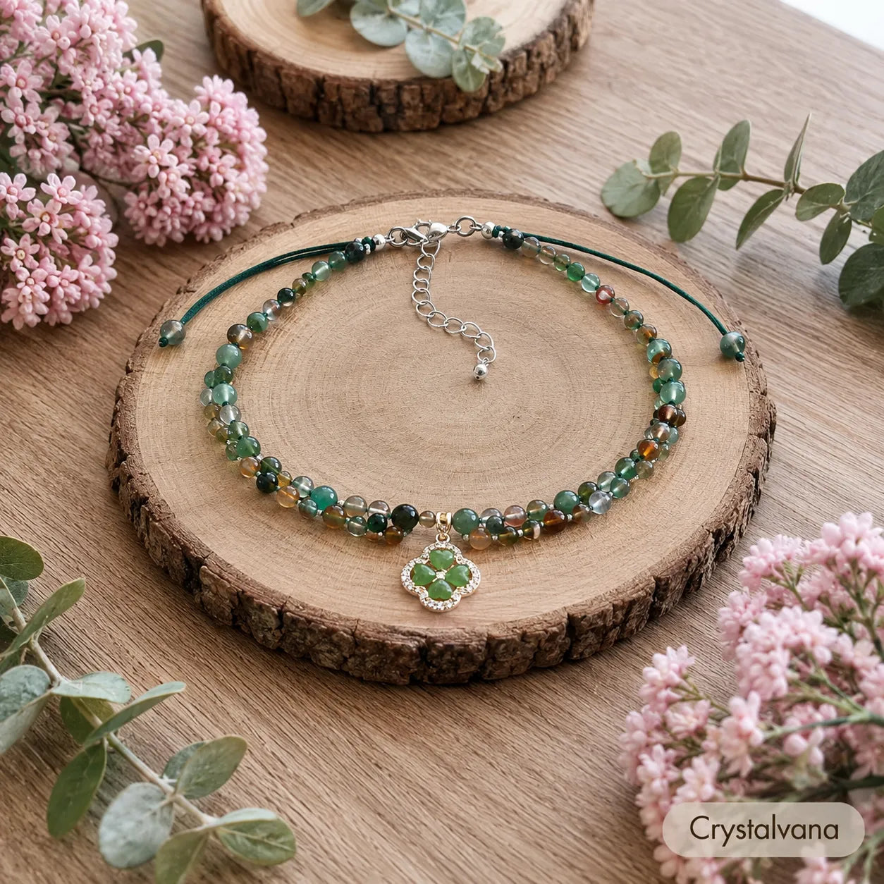Natural green agate scar cover necklace in gift box with clover pendant display, Crystalvana