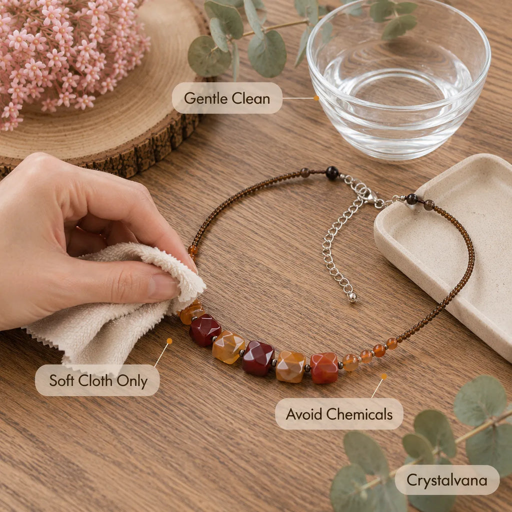 Model wearing red agate thyroid scar cover choker necklace soft smile, Crystalvana