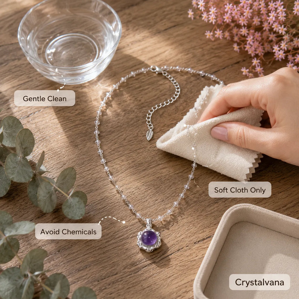Vintage amethyst necklace in beige gift box ready for gifting, Crystalvana