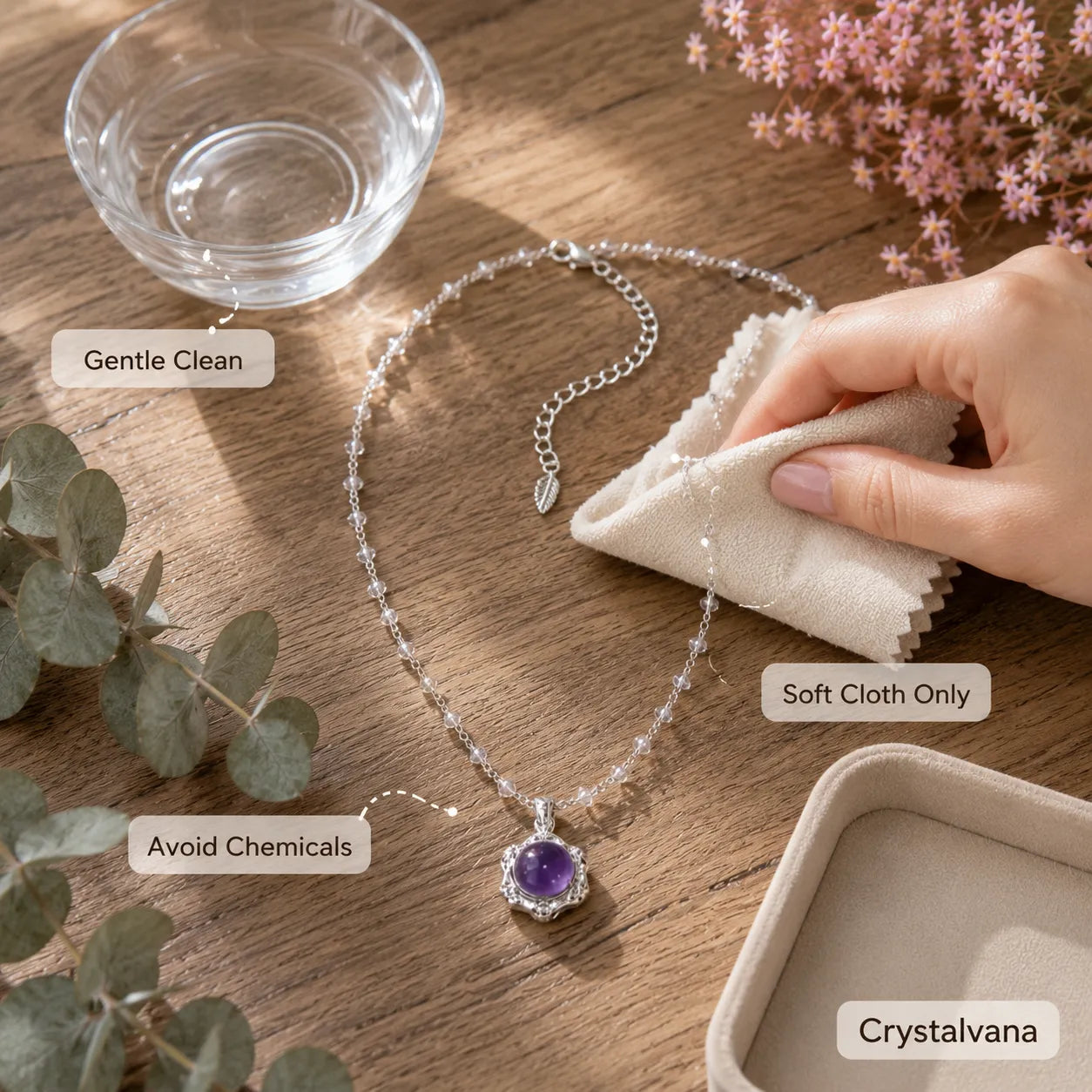 Vintage amethyst necklace in beige gift box ready for gifting, Crystalvana